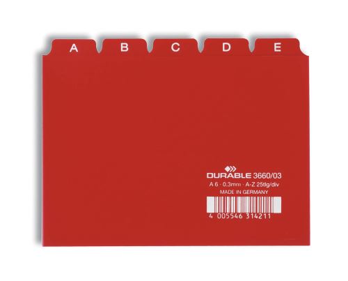 Abecední rejstřík A6 dělení 5/5 A-Z z PP pro členění kartotéky, balení 25ks červená