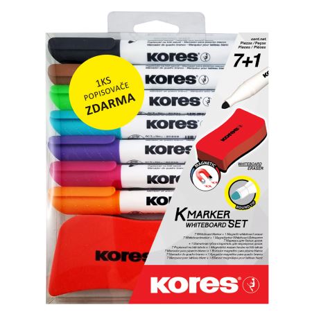 Kores K-MARKER SET 7+1ks zdarma popisovačů na bílé tabule a flipcharty kulatý hrot a 1 ks stírací magnetická houbička
